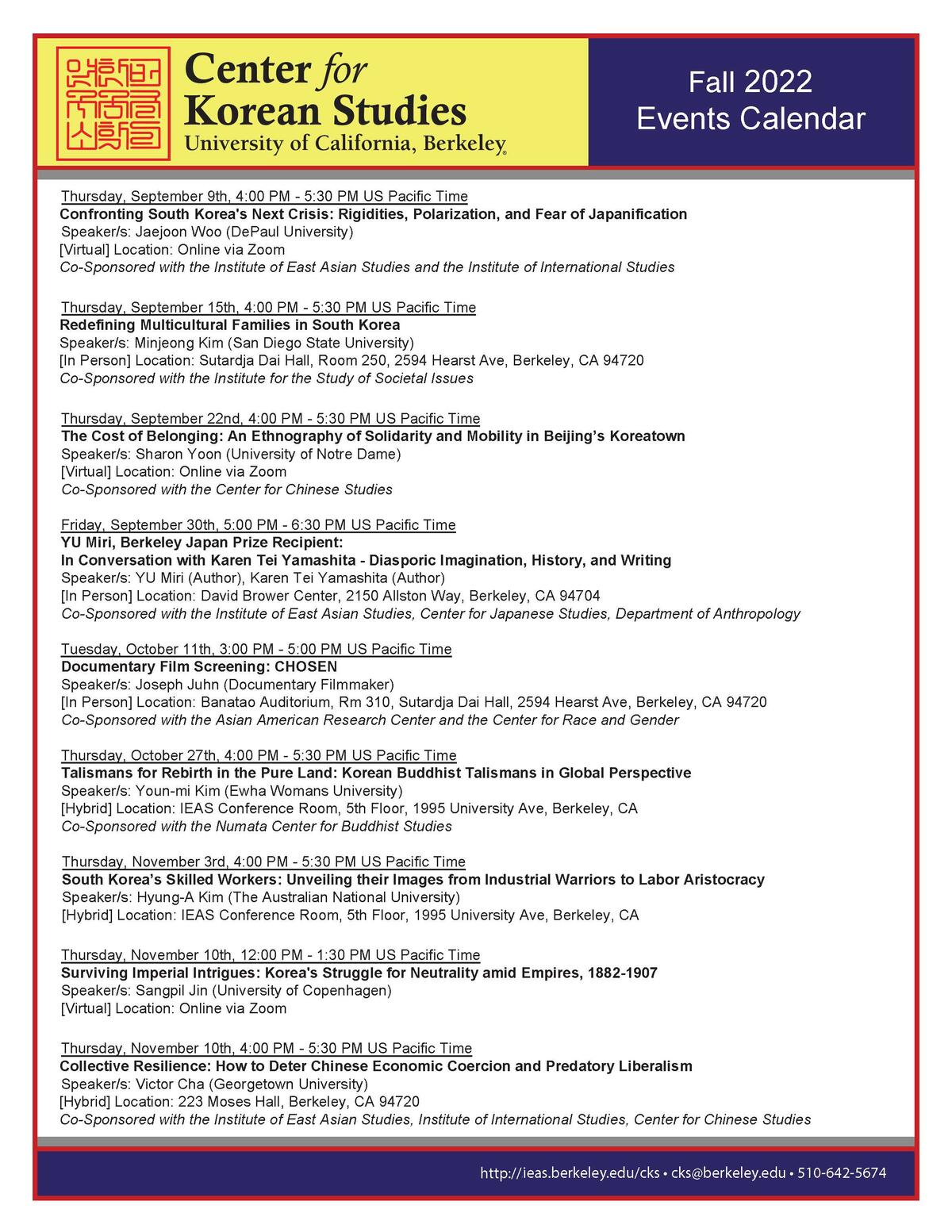 CKS Fall 2022 Events Calendar Institute of East Asian Studies