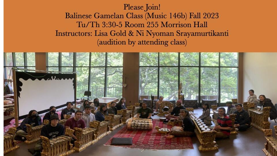 A poster with details about the Balinese gamelan class and an image of gamlean instruments and musicians.