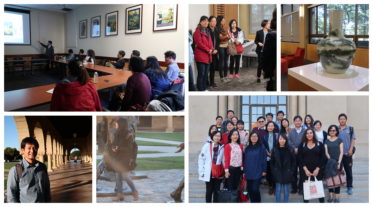 a collage of the IEAS visting scholars on a academic outing to the Stanford East Asian Library and Hoover Institute